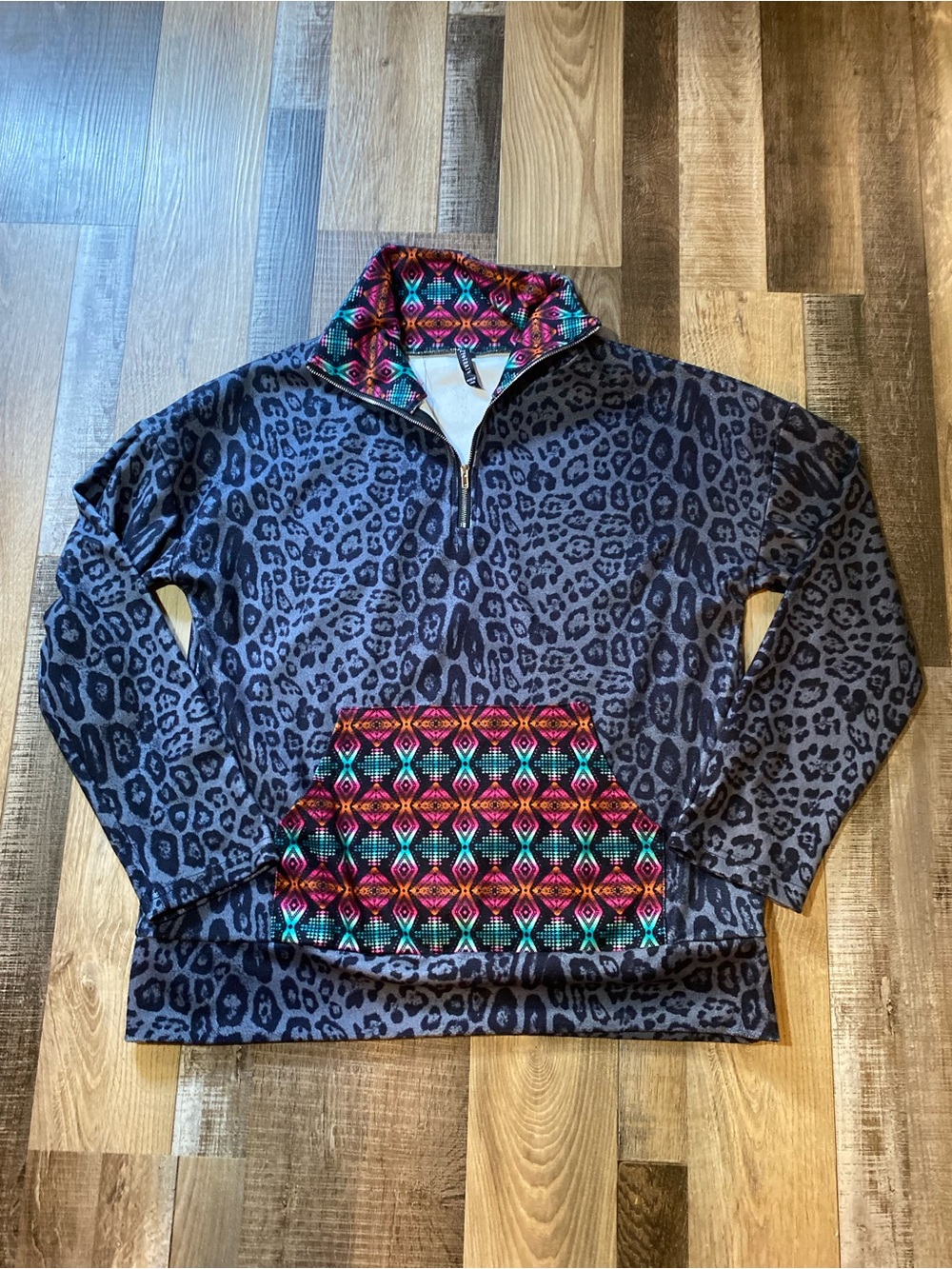 Crazy Train Gray Leopard Pullover with Bright Aztec Pocket & Collar